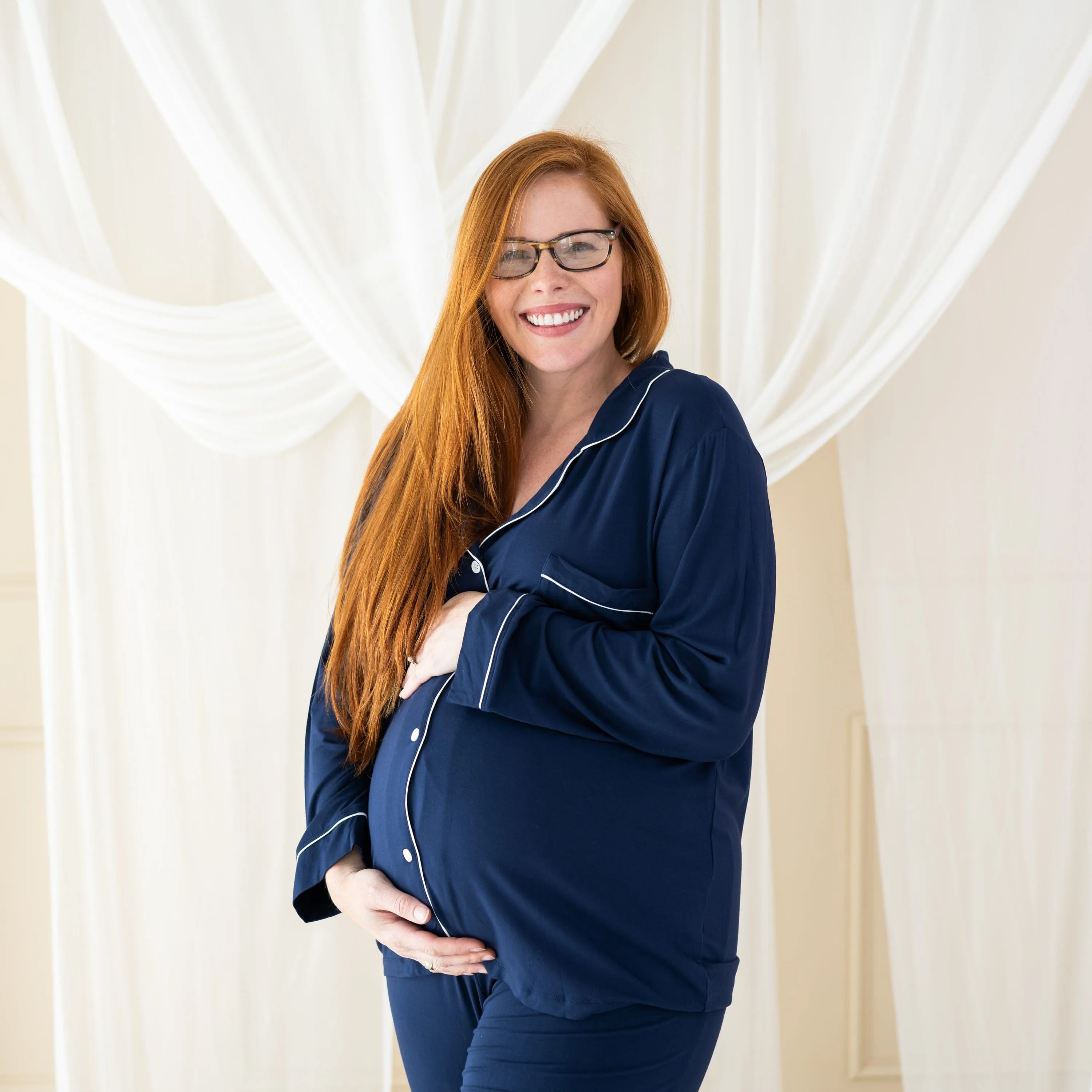 Women's Long Sleeve Pajama Set in Navy with Cloud Trim