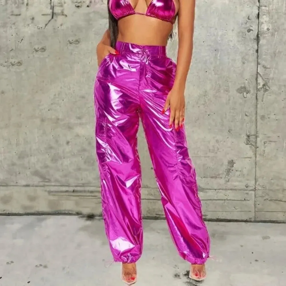 Women's Sexy Metallic High Waist Ruched Casual Harem Pants