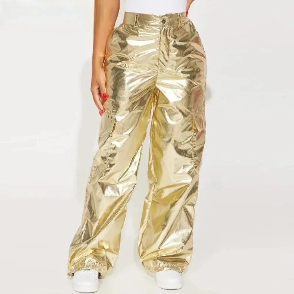 Women's Sexy Metallic High Waist Ruched Casual Harem Pants