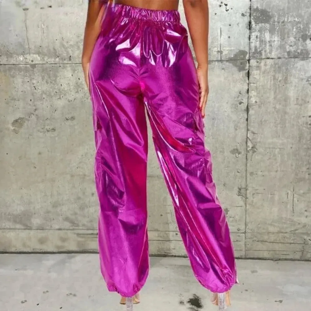 Women's Sexy Metallic High Waist Ruched Casual Harem Pants