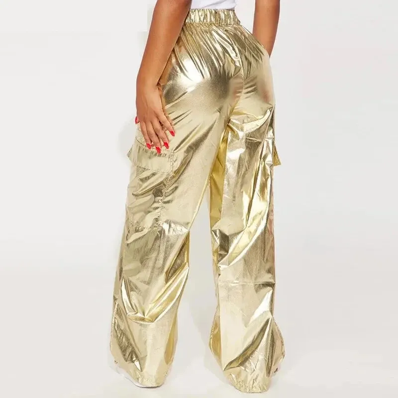 Women's Sexy Metallic High Waist Ruched Casual Harem Pants