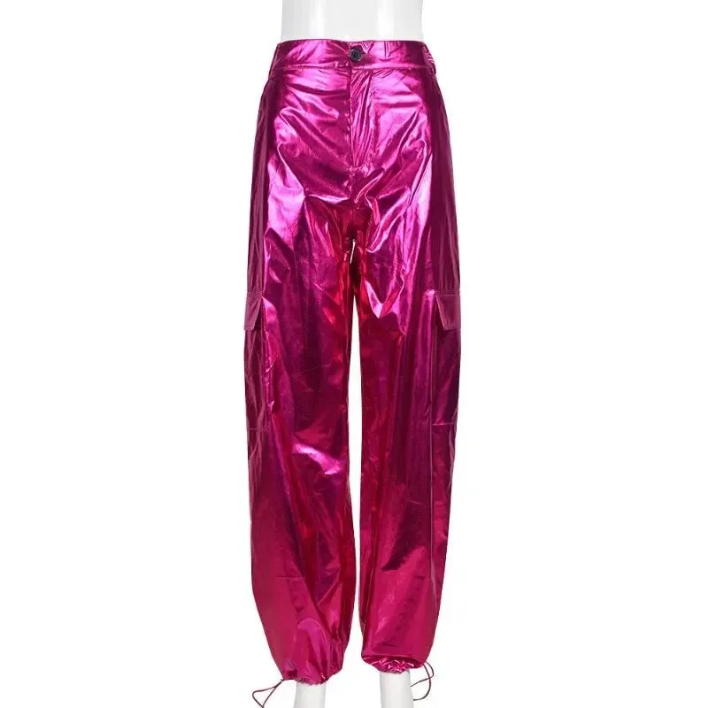 Women's Sexy Metallic High Waist Ruched Casual Harem Pants