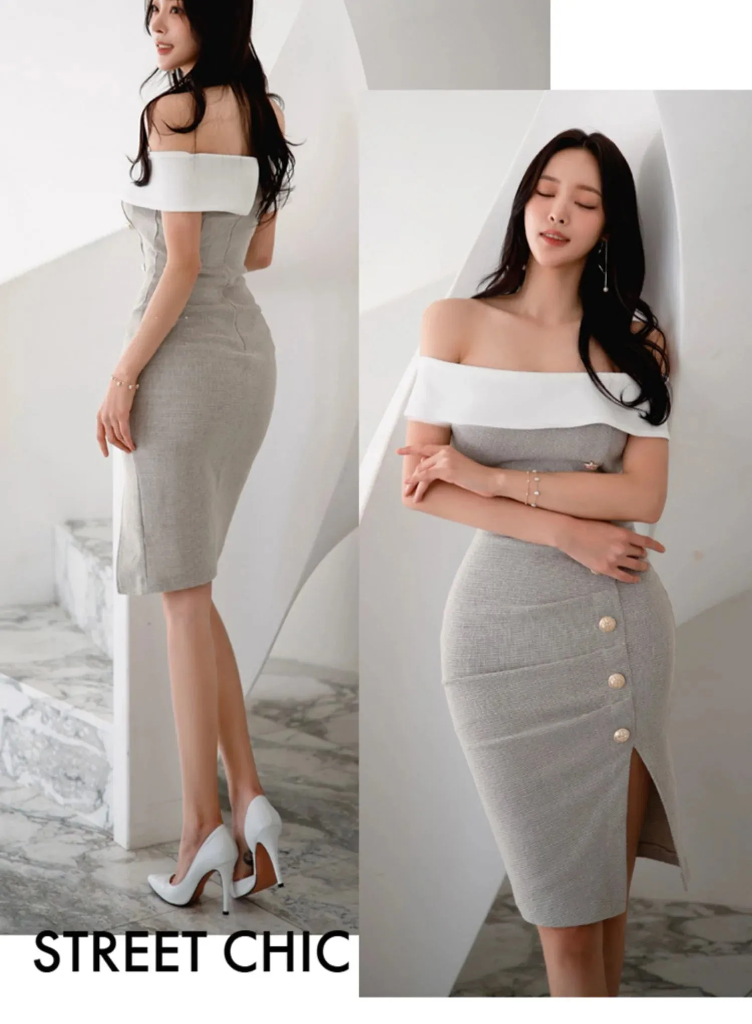 Women's Single Breasted Slash Neck Knee Length Pencil Bodycon Dresses