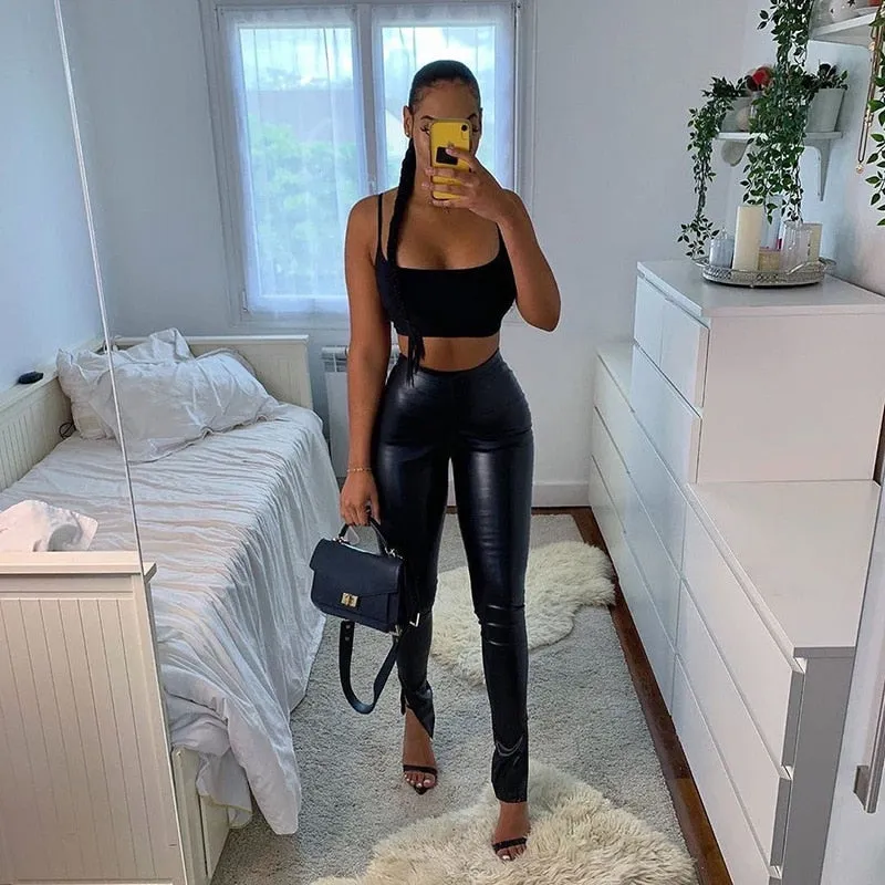 Women's Synthetic Leather High Waist Stacked Club Streetwear Trousers