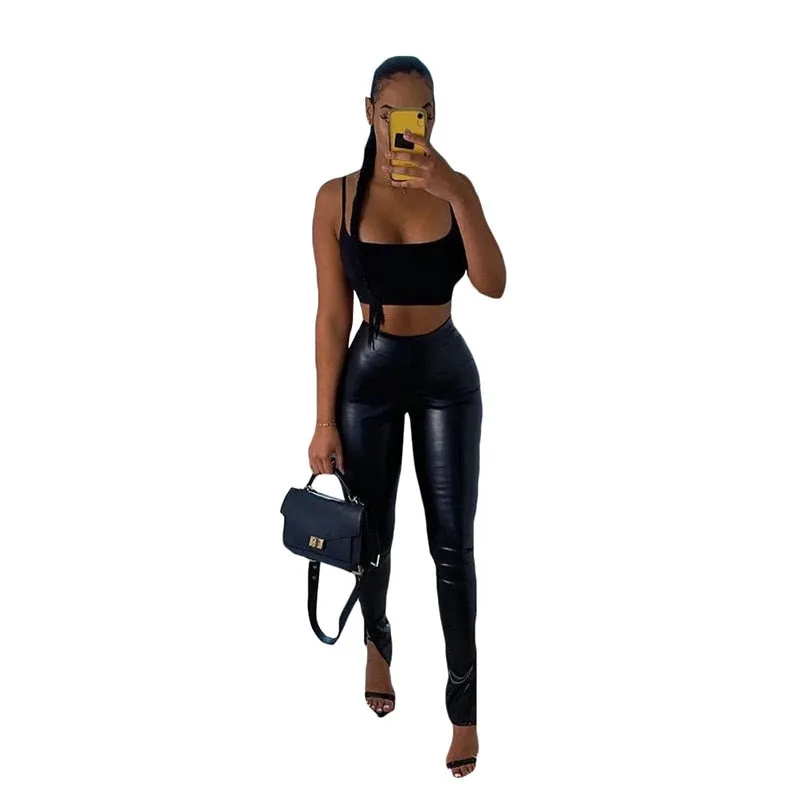 Women's Synthetic Leather High Waist Stacked Club Streetwear Trousers