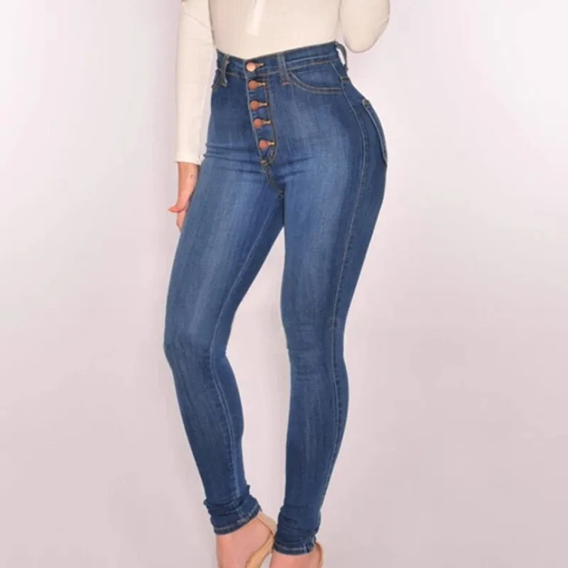 Women's Vintage Style High Waist Button-Up Skinny Denim Trousers