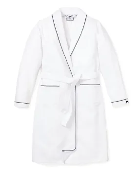 Women's White Flannel Robe with Navy Piping