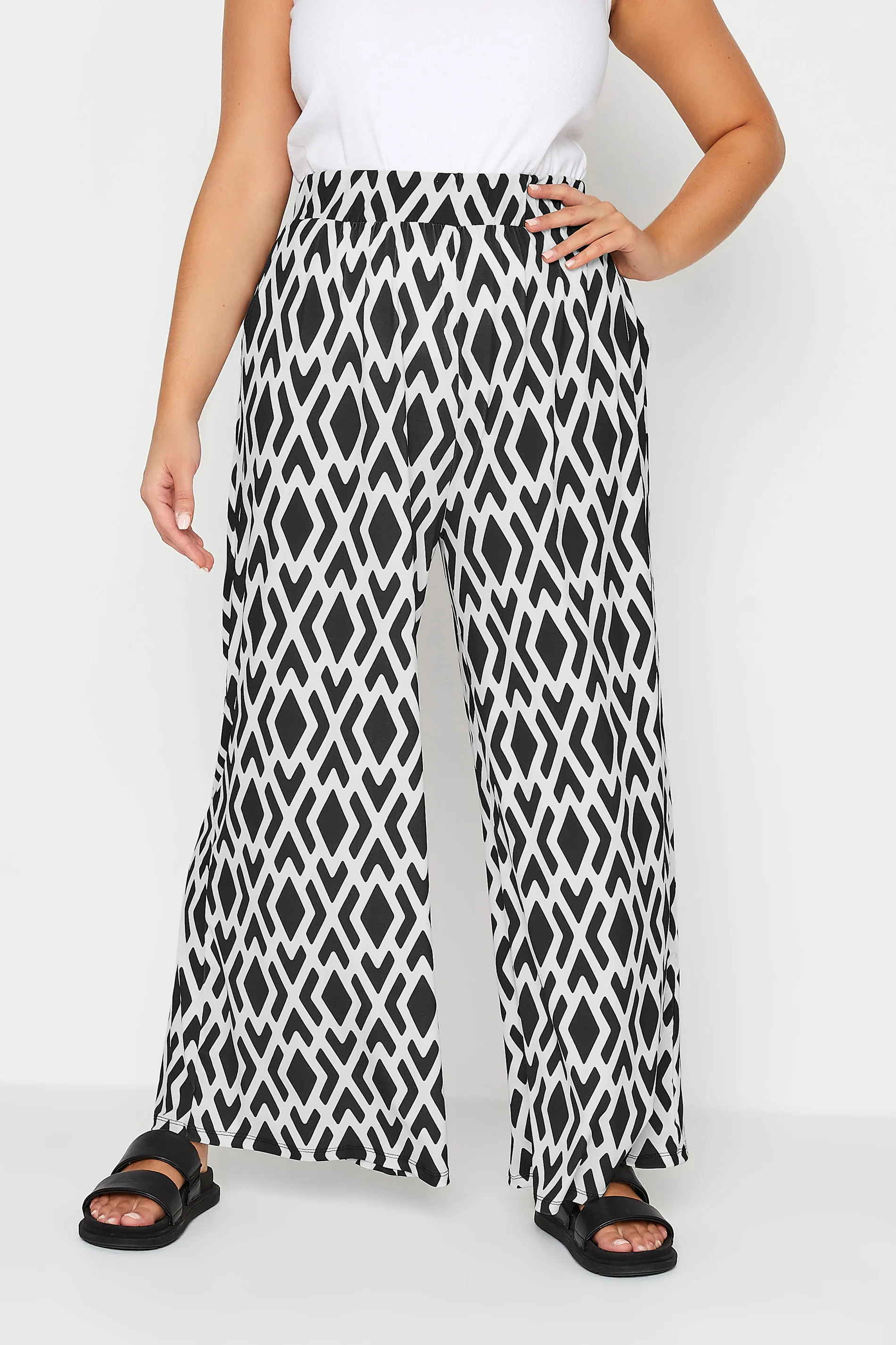 YOURS Curve White Geometric Print Wide Leg Trousers